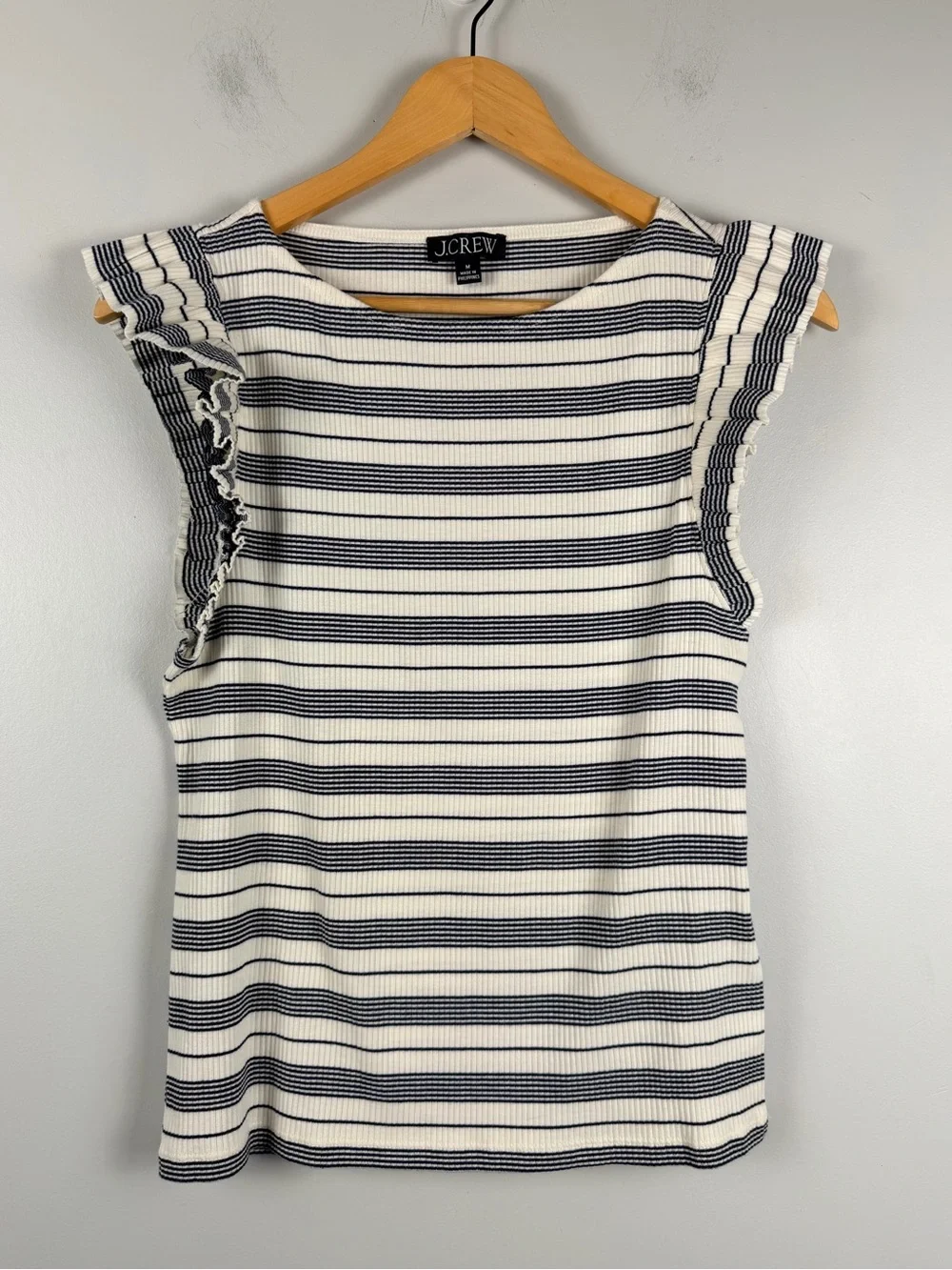 J. Crew Ruffle Sleeve Stripe Ribbed top size medium